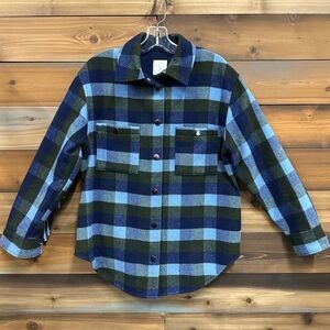 Joie Shacket Plaid Blue Green Relaxed Oversized Fit Button Front Shirt size M